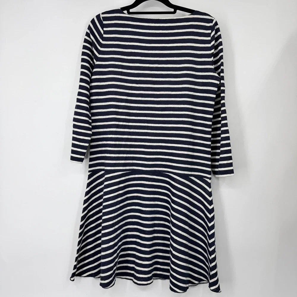 Tory Burch Navy White‎ Striped 100% Linen Drop Waist Flounce Dress XS 10152406